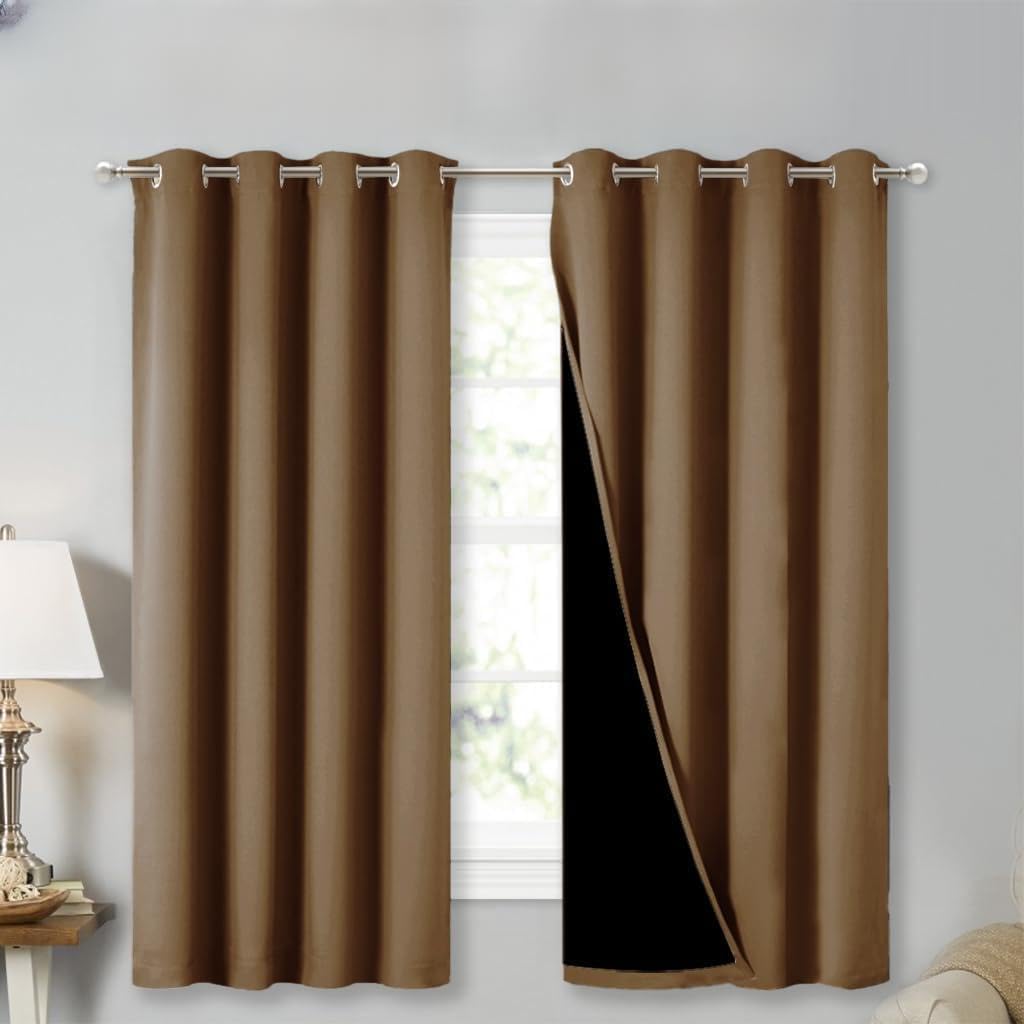 NICETOWN Extra Long Truly Blackout Drapes for Hall and Villa, 46" Width Each Panel, 45" Length, Gold Brown, 2 Pieces, 100% Blackout Window Curtain Panels with Black Lined for Night Shift Worker