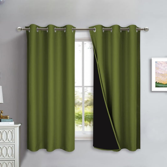 NICETOWN 100% Blackout Curtains 45 inches Long, Olive Green, 1 Pair, 42 inches Width Each Panel, 2 Thick Layers Completely Blackout Window Treatment Thermal Insulated Lined Drapes for Small Window