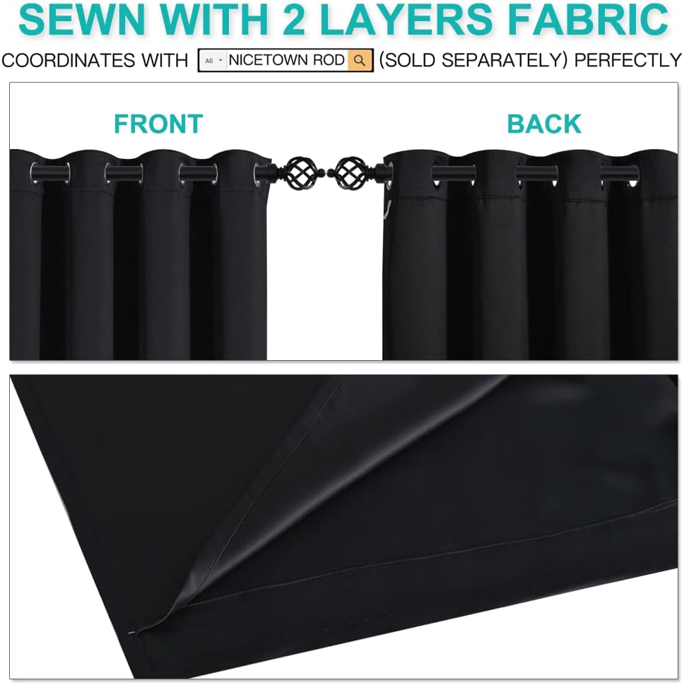 NICETOWN 100% Blackout Curtains 45 inches Length, 2 Thick Layers Completely Blackout Window Treatment Thermal Insulated Lined Drapes for Basement Window (Black, 1 Pair, 52 inches Width Each Panel)