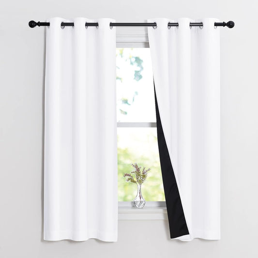NICETOWN Pure White 100% Blackout Lined Curtains, 2 Thick Layers Narrow Wide Window Treatment Panels Thermal Insulated Drapes for Kitchen Small Window (1 Pair, 37" Width x 63" Length Each Panel)