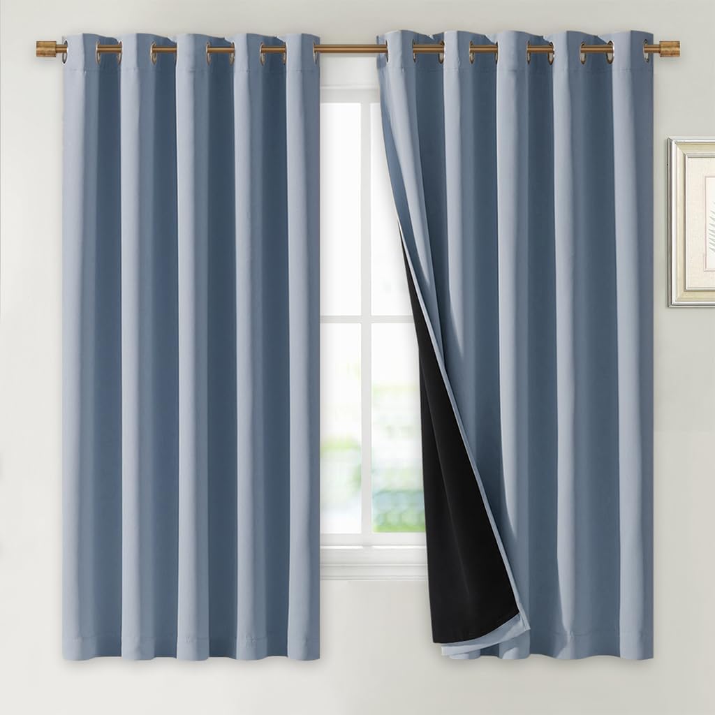NICETOWN 100% Blackout Lined Curtains, Vintage Blue, 1 Pair, 70" Width x 63" Length Each Panel, 2 Thick Layers Completely Blackout Window Treatment Thermal Insulated Drapes for Kitchen/Bedroom