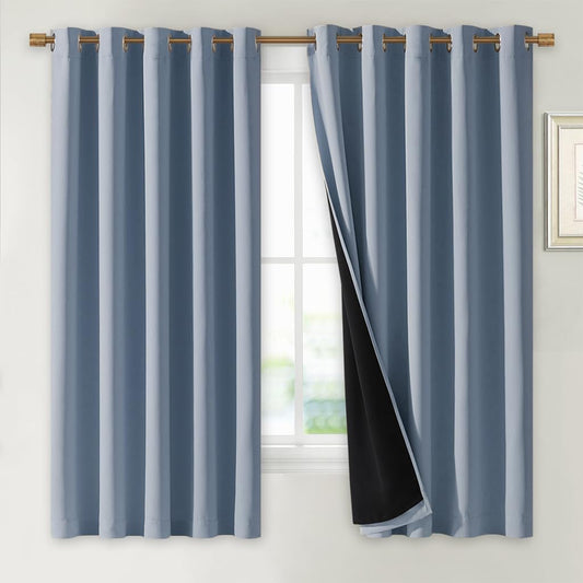 NICETOWN 100% Blackout Lined Curtains, Vintage Blue, 1 Pair, 70" Width x 63" Length Each Panel, 2 Thick Layers Completely Blackout Window Treatment Thermal Insulated Drapes for Kitchen/Bedroom