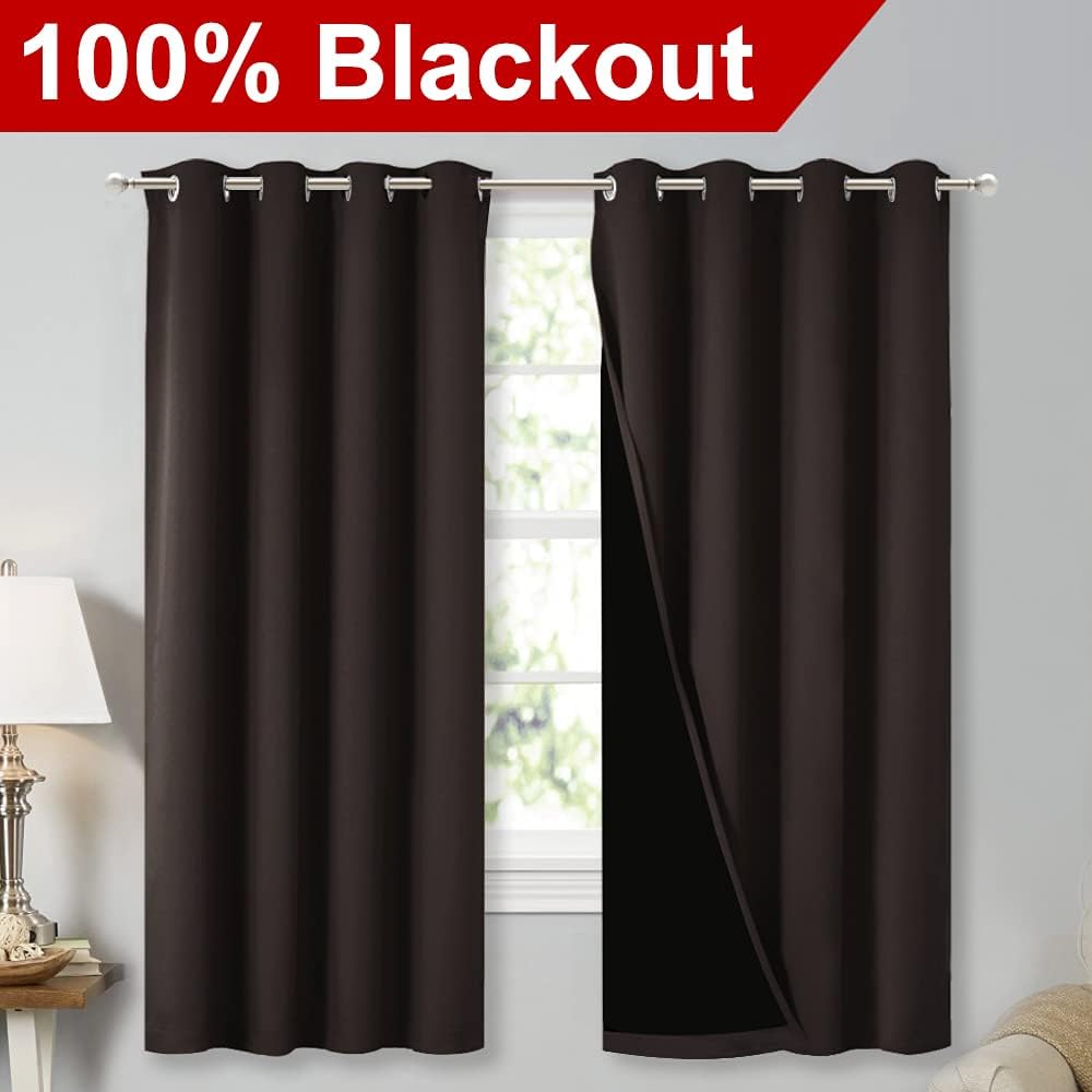 NICETOWN Extra Long Truly Blackout Drapes for Hall and Villa, 46-inch Width Each Panel, 45-inch Length, Brown, 2 Pieces, 100% Blackout Window Curtain Panels with Black Lined for Night Shift Worker
