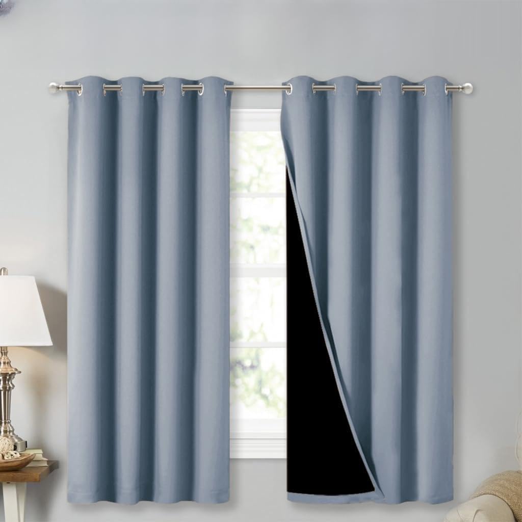 NICETOWN 100% Blackout Curtains with Black Liners, Vintage Blue, 2 Panels, 52-inch W by 63-inch L, Thermal Insulated Full Blackout 2-Layer Lined Drapes, Energy Efficiency Window Draperies for Bedroom