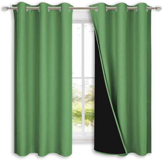 NICETOWN 100% Blackout Short Curtains with Black Liners, 2 Panels, 37" W by 63" L, Forest Green, Solid Thermal Insulated Full Blackout 2-Layer Lined Drapes, Energy Efficiency Window Drapes for Bedroom