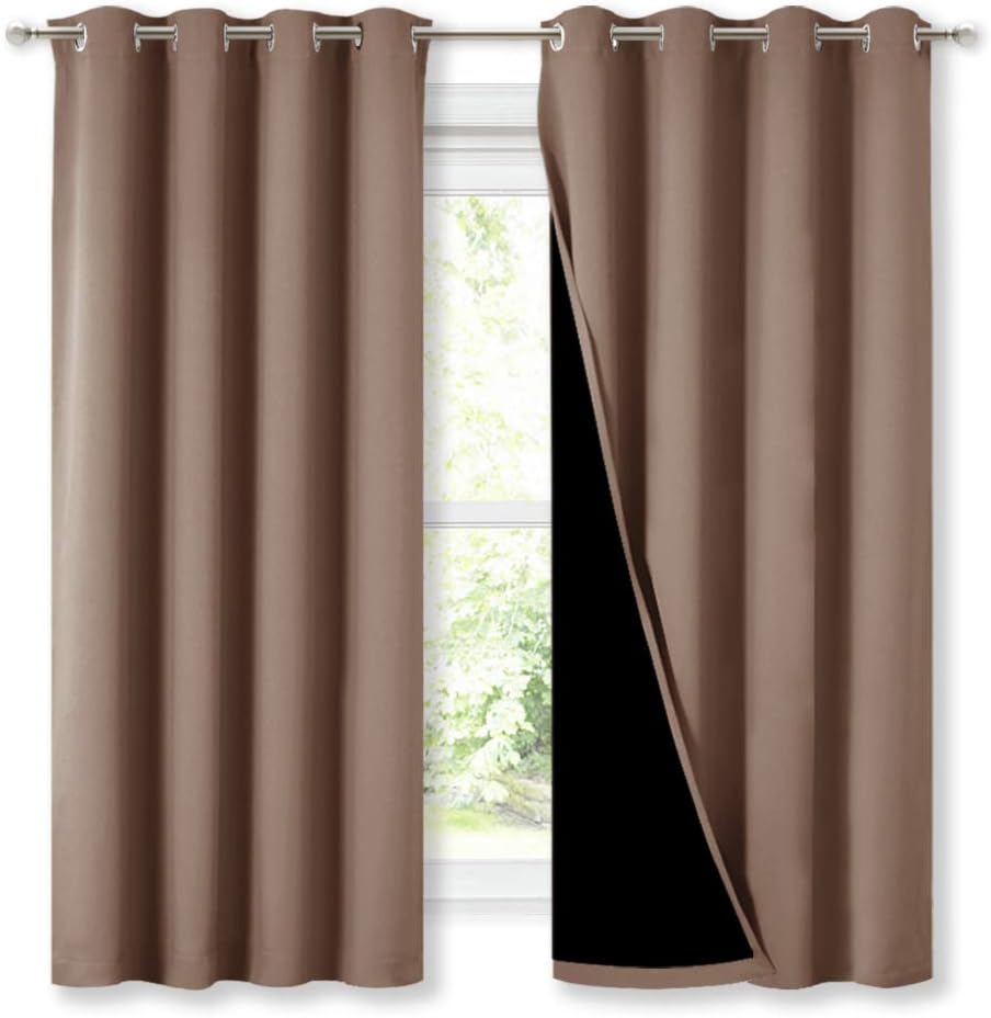 NICETOWN Extra Long Truly Blackout Drapes for Hall and Villa, 46-inch Width Each Panel, 45-inch Length, Cappuccino, 2 Pieces, 100% Blackout Window Curtains with Black Lined for Night Shift Worker