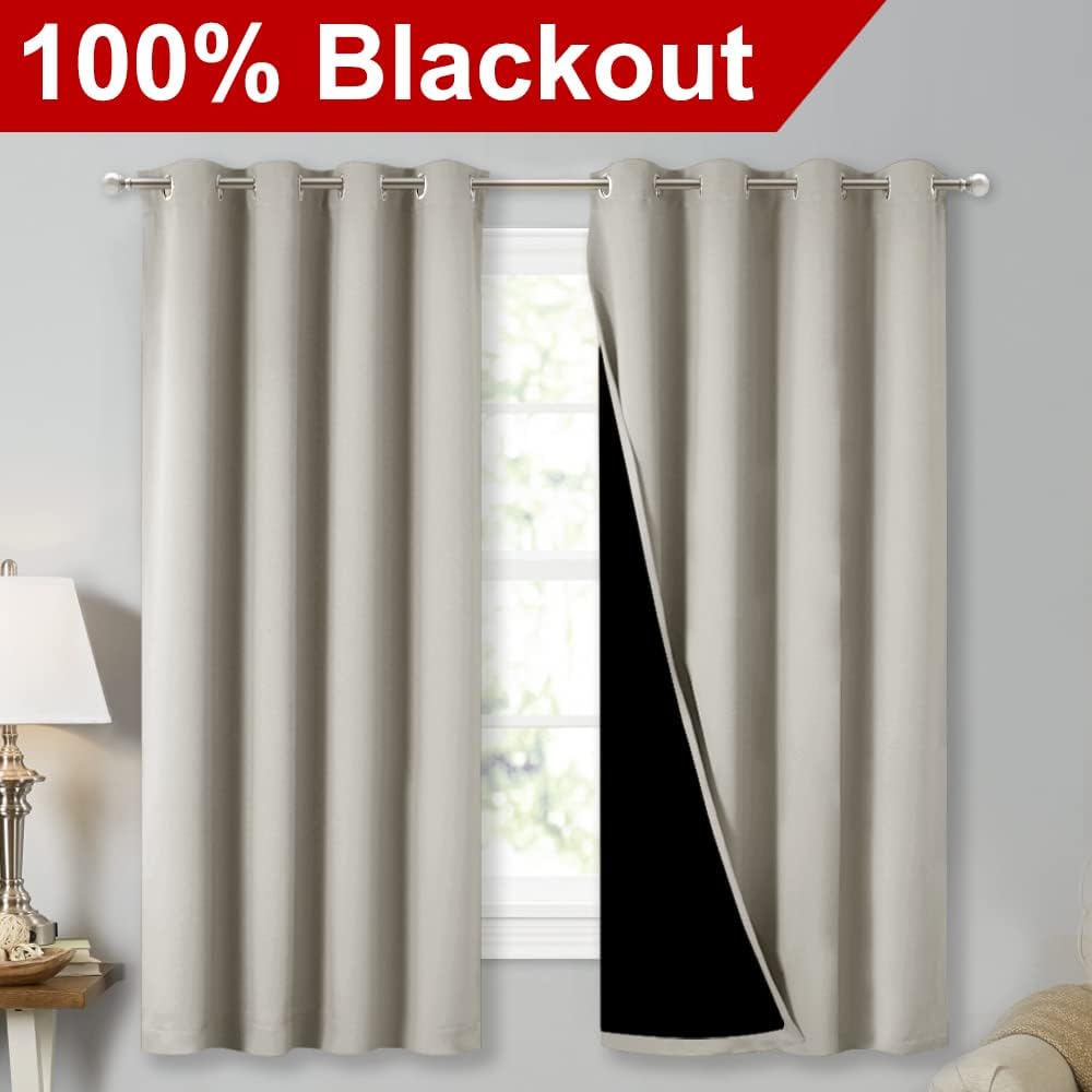 NICETOWN Natural 100% Blackout Lined Curtains, 2 Thick Layers Completely Blackout Window Treatment Thermal Insulated Drapes for Kitchen/Bedroom (1 Pair, 52 inches Width x 63 inches Length Each Panel)