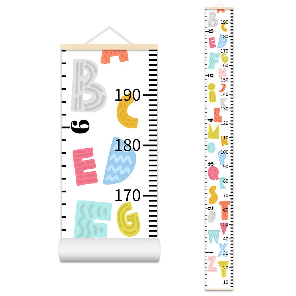 Colorful Alphabet Growth Chart for Kids Baby Height Chart Ruler Removable Canvas Wooden Frame Hanging Wall Rulers Measurement Charts for Toddler Room Nursery Decor - 79"X7.9" with Beige Wood