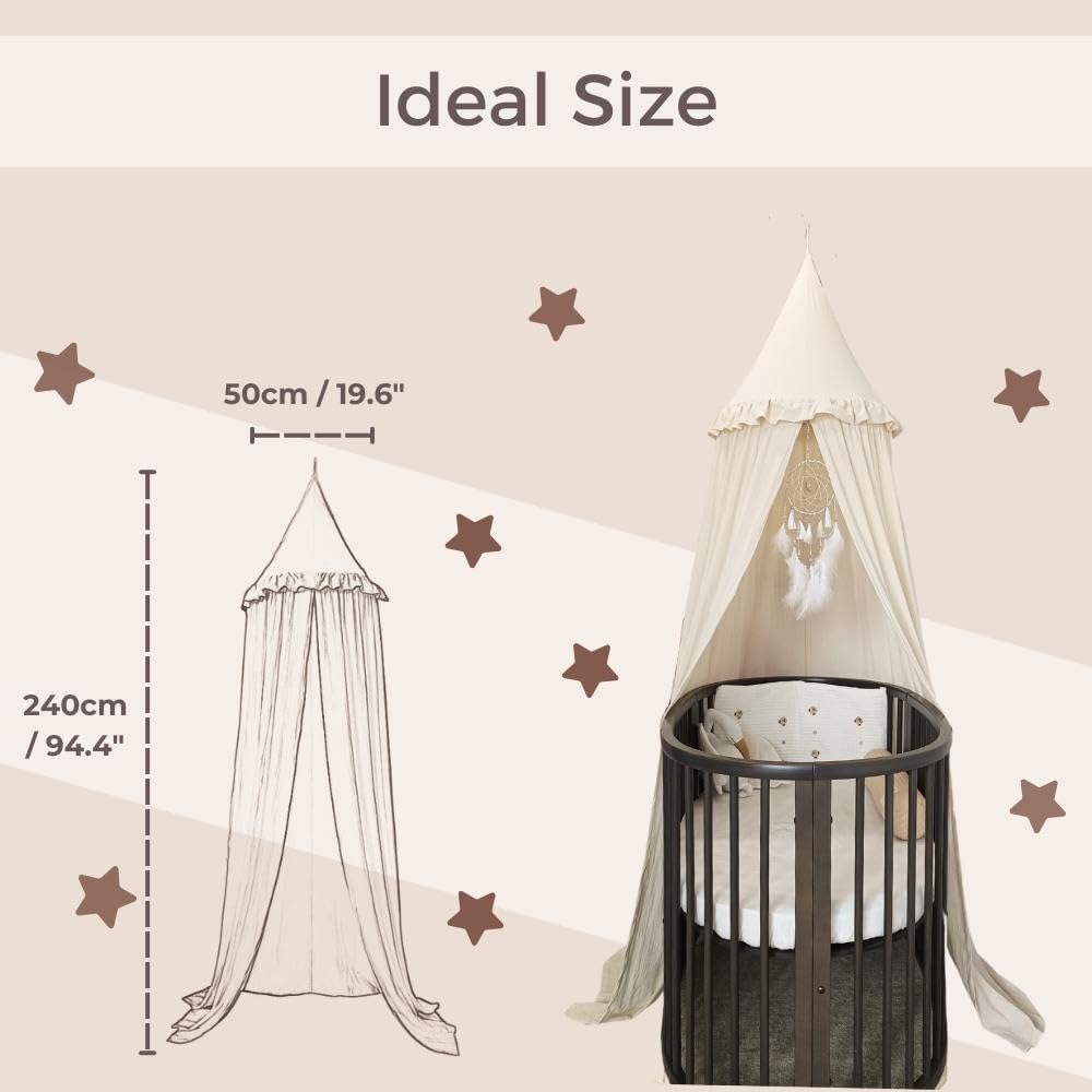Wonder Space Kids Bed Canopy with Ruffles, Pastel Neutral Color for Boys & Girls, Frilled Cotton Tent Nursery Room Baby Crib Hanging Curtain Mosquito Netting Children Reading Nook Decoration (Ivory)