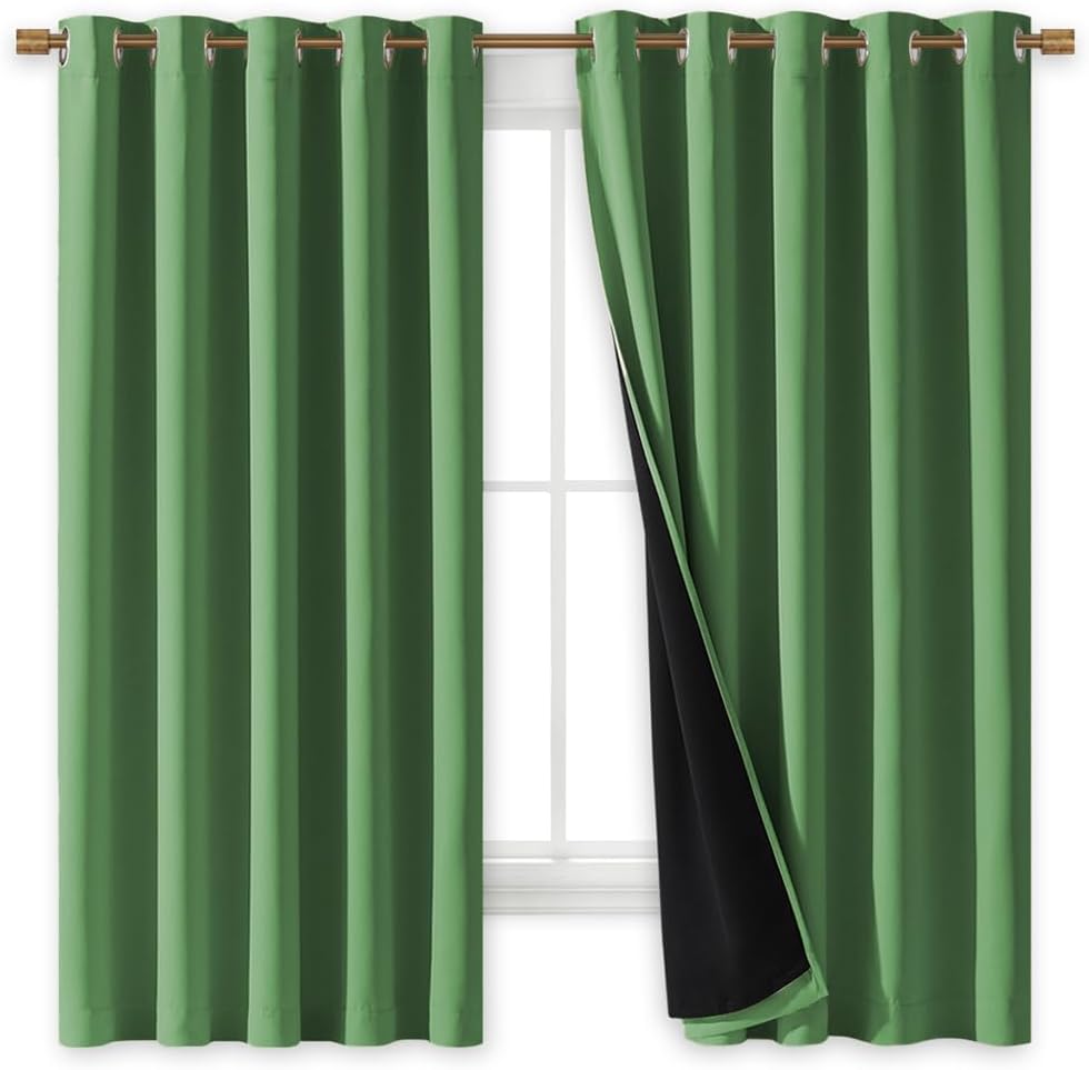NICETOWN 100% Blackout Curtains with Black Liners, Forest Green, 2 Panels, 62-inch W by 63-inch L, Thermal Insulated Full Blackout 2-Layer Lined Drapes, Energy Efficiency Window Draperies for Bedroom