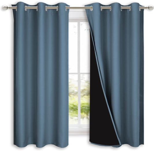 NICETOWN 100% Blackout Curtains 54 inches Long, Smoky Blue, 1 Pair, 42 inches Width Each Panel, 2 Thick Layers Completely Blackout Window Treatment Thermal Insulated Lined Drapes for Small Window