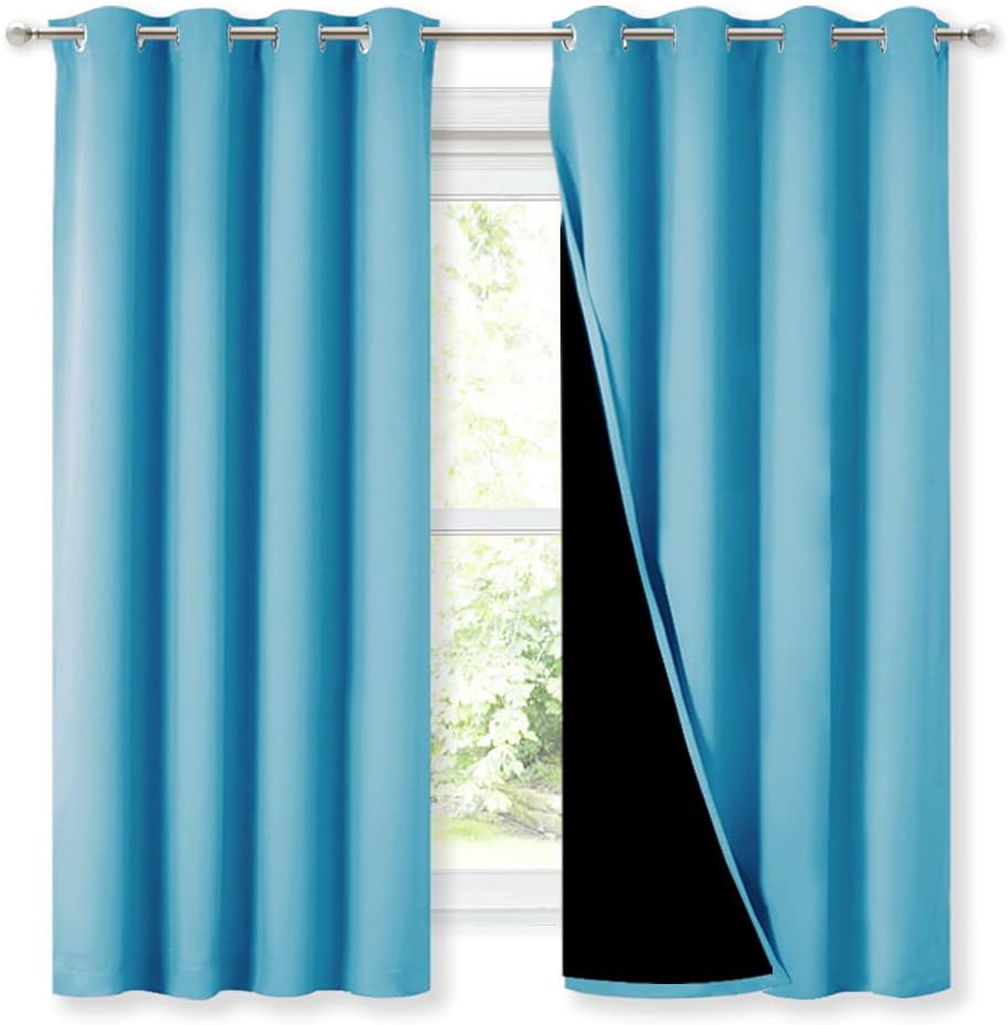 NICETOWN Extra Long Truly Blackout Drapes for Hall and Villa, 46-inch Width Each Panel, 45-inch Length, Teal Blue, 2 Pieces, 100% Blackout Window Curtain Panels with Black Lined for Night Shift Worker