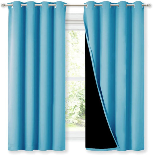 NICETOWN Extra Long Truly Blackout Drapes for Hall and Villa, 46-inch Width Each Panel, 45-inch Length, Teal Blue, 2 Pieces, 100% Blackout Window Curtain Panels with Black Lined for Night Shift Worker