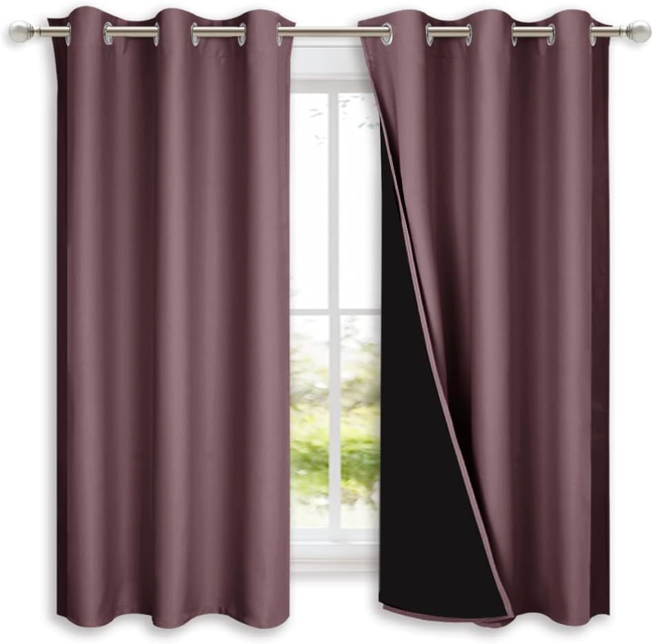 NICETOWN Dry Rose 100% Blackout Lined Curtains, 2 Thick Layers Completely Blackout Window Treatment Panels Thermal Insulated Drapes for Kitchen (1 Pair, 42" Width x 63" Length Each Panel)
