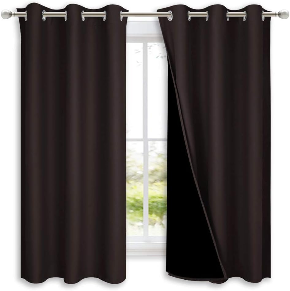 NICETOWN 100% Blackout Curtains 54 inches Long, Brown, 1 Pair, 42 inches Width Each Panel, Double-Deck Completely Blackout Window Treatment Thermal Insulated Lined Drapes for Small Window