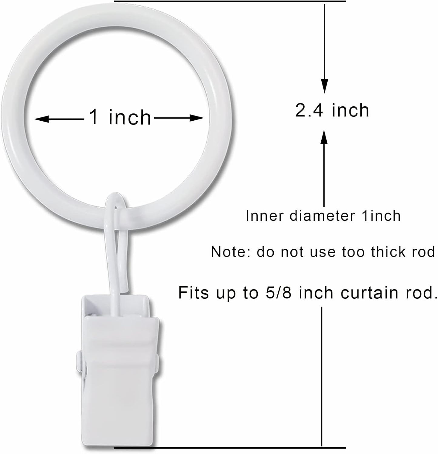 100 Pack White Curtain Rings with Clips, Curtain Hooks Hangers Clip Rings for Hanging Drapes Bows Hat, Drapery Rings 1 in I D, Fits up to 5/8 in Diameter Curtain Rod.