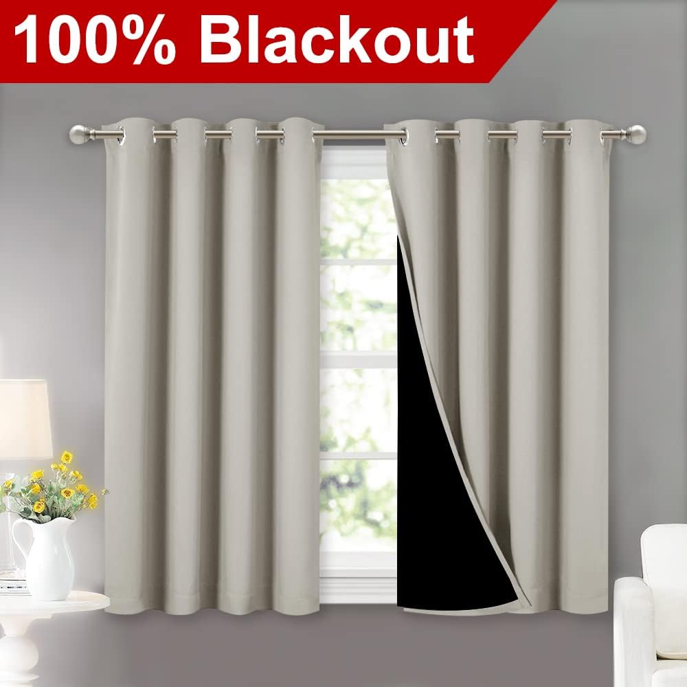 NICETOWN Natural 100% Blackout Curtains 45 inches Long, 2 Thick Layers Completely Blackout Window Treatment Thermal Insulated Lined Drapes for Small Window (1 Pair, 52 inches Width Each Panel)