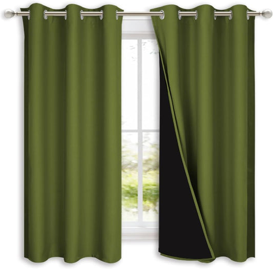 NICETOWN 100% Blackout Short Curtains with Black Liners, 2 Panels, 37" W by 60" L, Olive Green, Solid Thermal Insulated Full Blackout 2-Layer Lined Drapes, Energy Efficiency Window Drapes for Bedroom