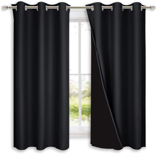 NICETOWN Complete 100% Blackout Curtain Set, Thermal Insulated & Energy Efficiency Window Draperies with Black Liner, Noise Reducing Short Curtains for Kids Room (Black, 42"W by 63"L, Double Panels)