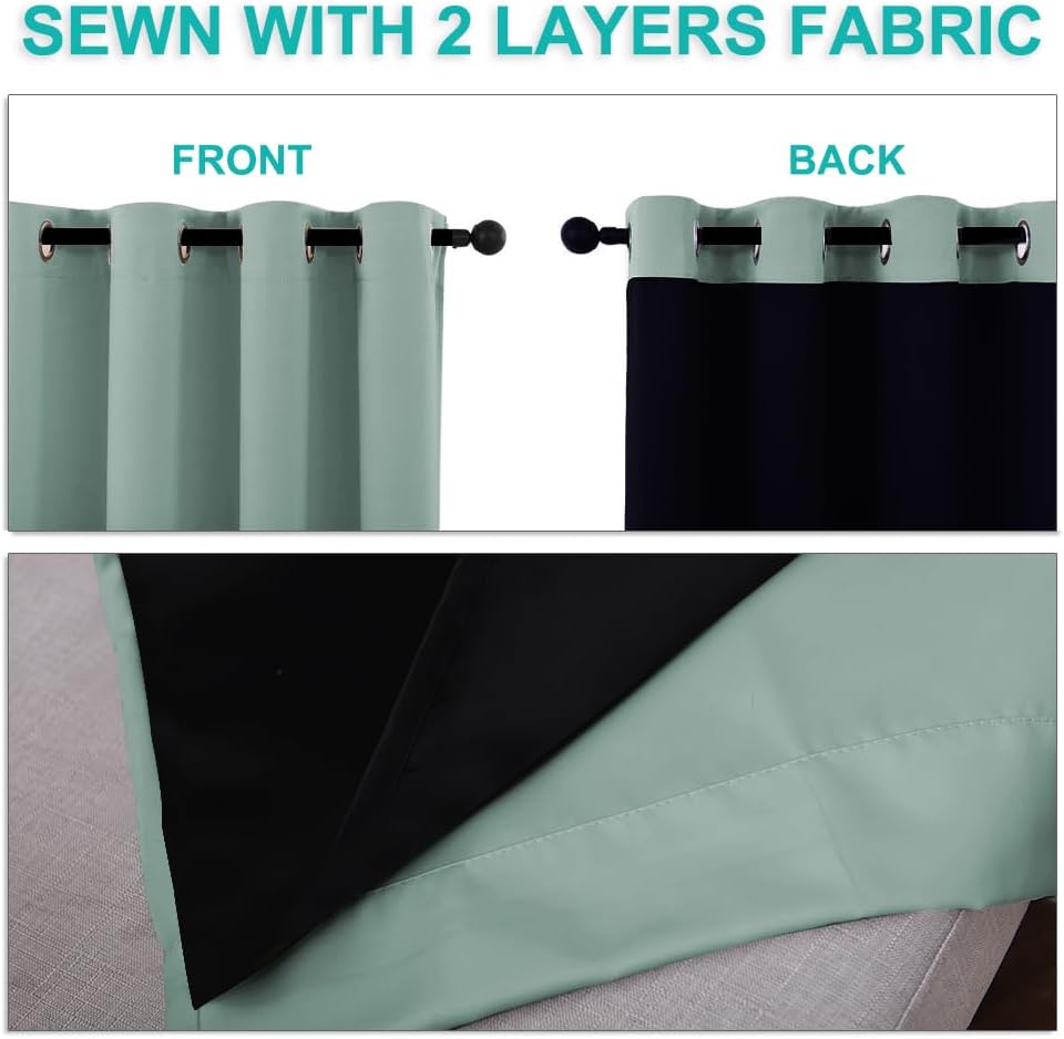 NICETOWN 100% Blackout Lined Curtains, Seafoam Green, 1 Pair, 42" Width x 63" Length Each Panel, 2 Thick Layers Completely Blackout Window Treatment Panels Thermal Insulated Drapes for Kitchen