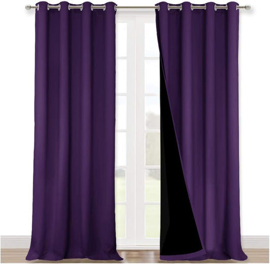 NICETOWN Cold Blocking 100% Blackout Curtains, Durable and Soft Black Lined Drapes for Living Room, Energy Saving Long Panels for Patio Sliding Glass Door, Royal Purple, 52 inches x 108 inches, 2 PCs