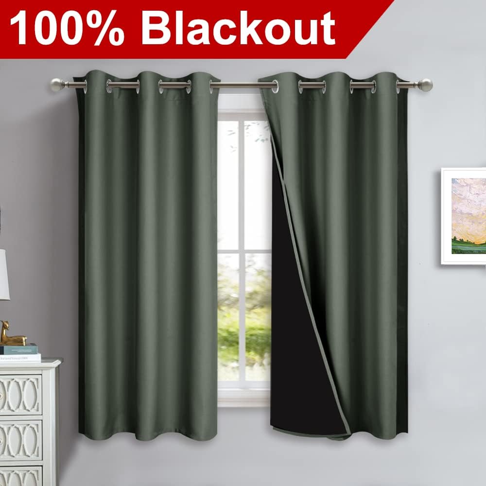 NICETOWN Dark Mallard 100% Blackout Lined Curtains, 2 Thick Layers Completely Blackout Window Treatment Panels Thermal Insulated Drapes for Kitchen (1 Pair, 42" Width x 63" Length Each Panel)