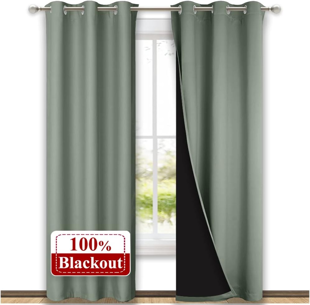 NICETOWN Greyish Green Blackout Curtains 84 inches Long, Full Light Blocking Drapes with Black Liner for Nursery, Thermal Insulated Draperies for Hall, Villa (2 Pieces, 42" Wide Each Panel)