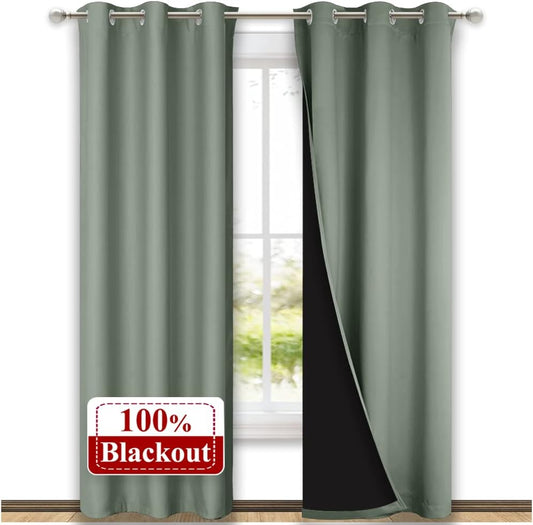 NICETOWN Greyish Green Blackout Curtains 84 inches Long, Full Light Blocking Drapes with Black Liner for Nursery, Thermal Insulated Draperies for Hall, Villa (2 Pieces, 42" Wide Each Panel)
