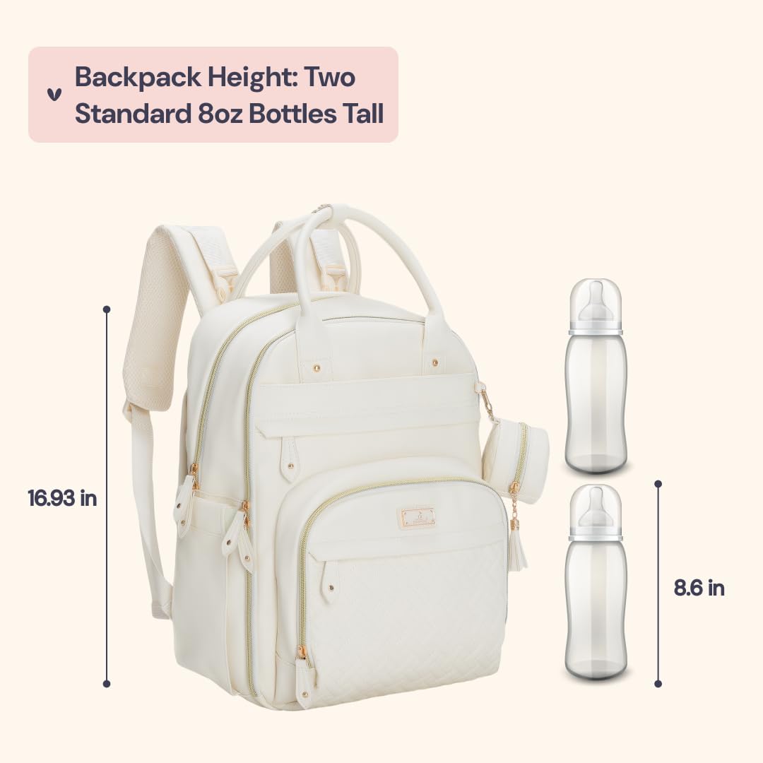 BabbleRoo Leather Diaper Bag Backpack - Baby Essentials Travel Baby Bag, Multi function, Waterproof, with Changing Pad, Stroller Straps & Pacifier Case – Unisex, Eggshell White
