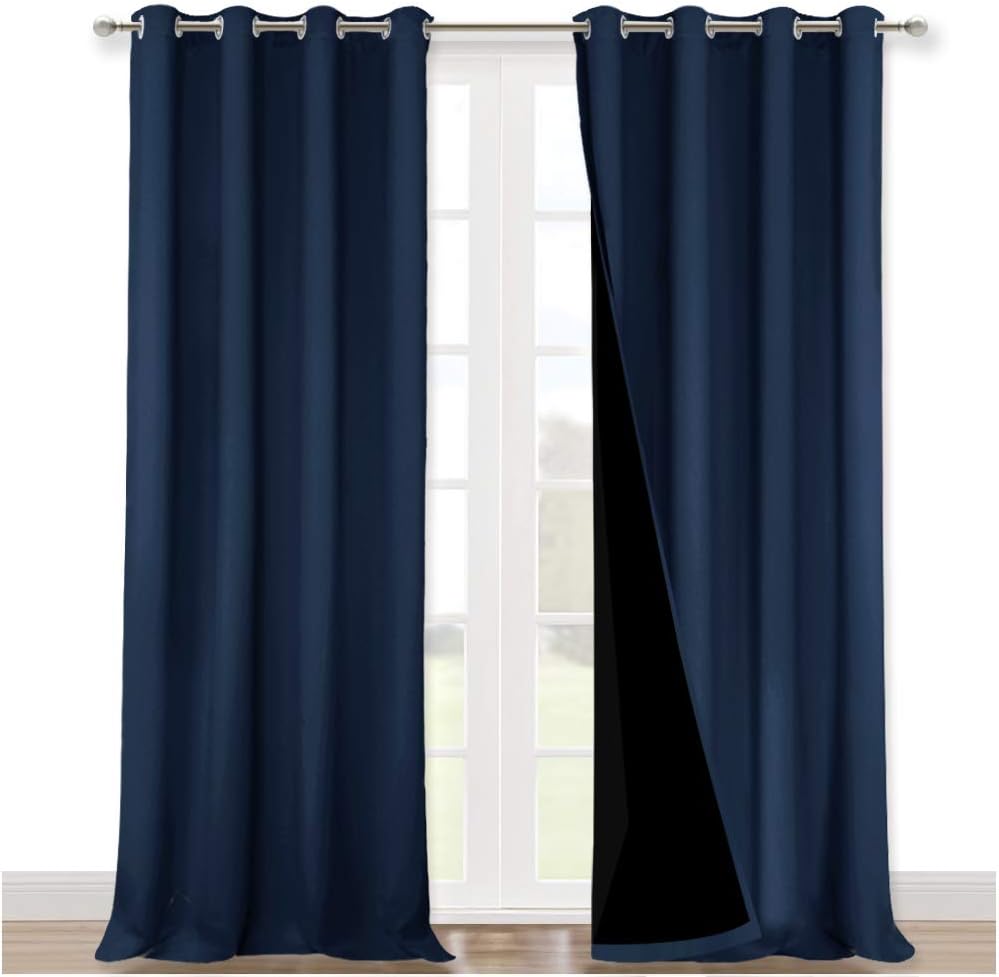 NICETOWN 100% Blackout Blinds, Set of 2, 46" x 96", Navy Blue, Laundry Room Decor Window Treatment Curtains for Large Patio Sliding Door, Thermal Insulated Curtains for Bedroom