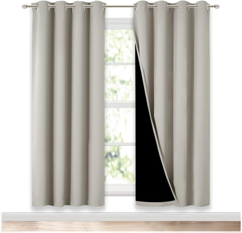 NICETOWN 100% Blackout Window Curtain Panels, Full Light Blocking Drapes with Black Liner for Nursery, 72-inch Drop Thermal Insulated Draperies (Natural, 2 Pieces, 52-inch Wide Per Panel)