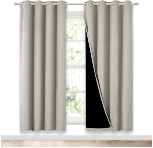 NICETOWN 100% Blackout Window Curtain Panels, Full Light Blocking Drapes with Black Liner for Nursery, 72-inch Drop Thermal Insulated Draperies (Natural, 2 Pieces, 52-inch Wide Per Panel)
