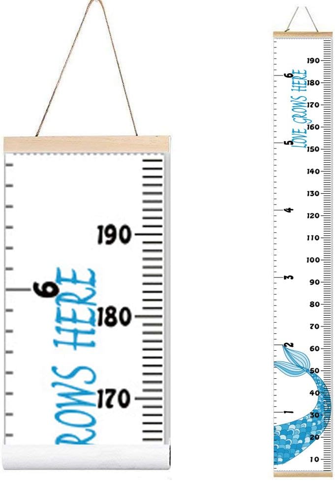 Kids Growth Chart, Wood Frame Fabric Canvas Height Measurement Ruler from Baby to Adult for Child's Room Decoration 7.9 x 79in (7.9 x 79in, Blue Mermaid)