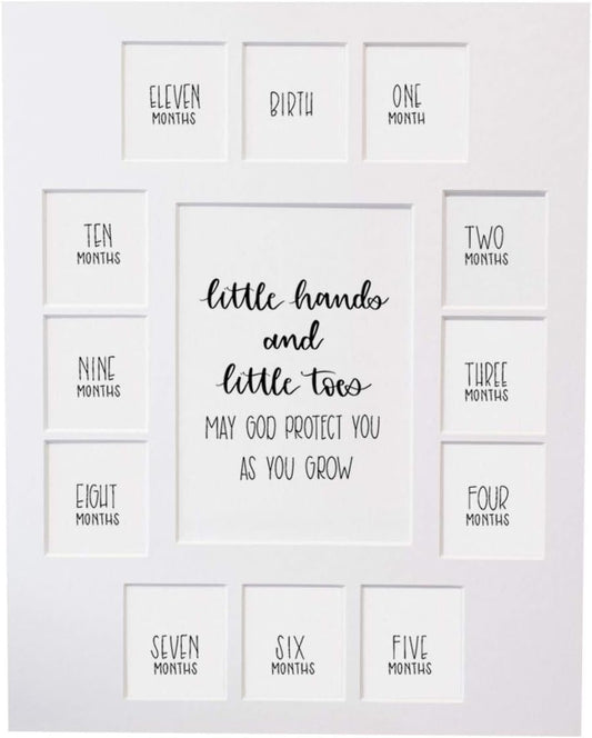 Rustic Red Door Co. Baby's First Year Picture Mat - Little Hands and Little Toes Photo Collage - No Frame - 13 Picture Slots - Newborn Birth to One Year Birthday - Watch Your Baby Grow (White Mat)