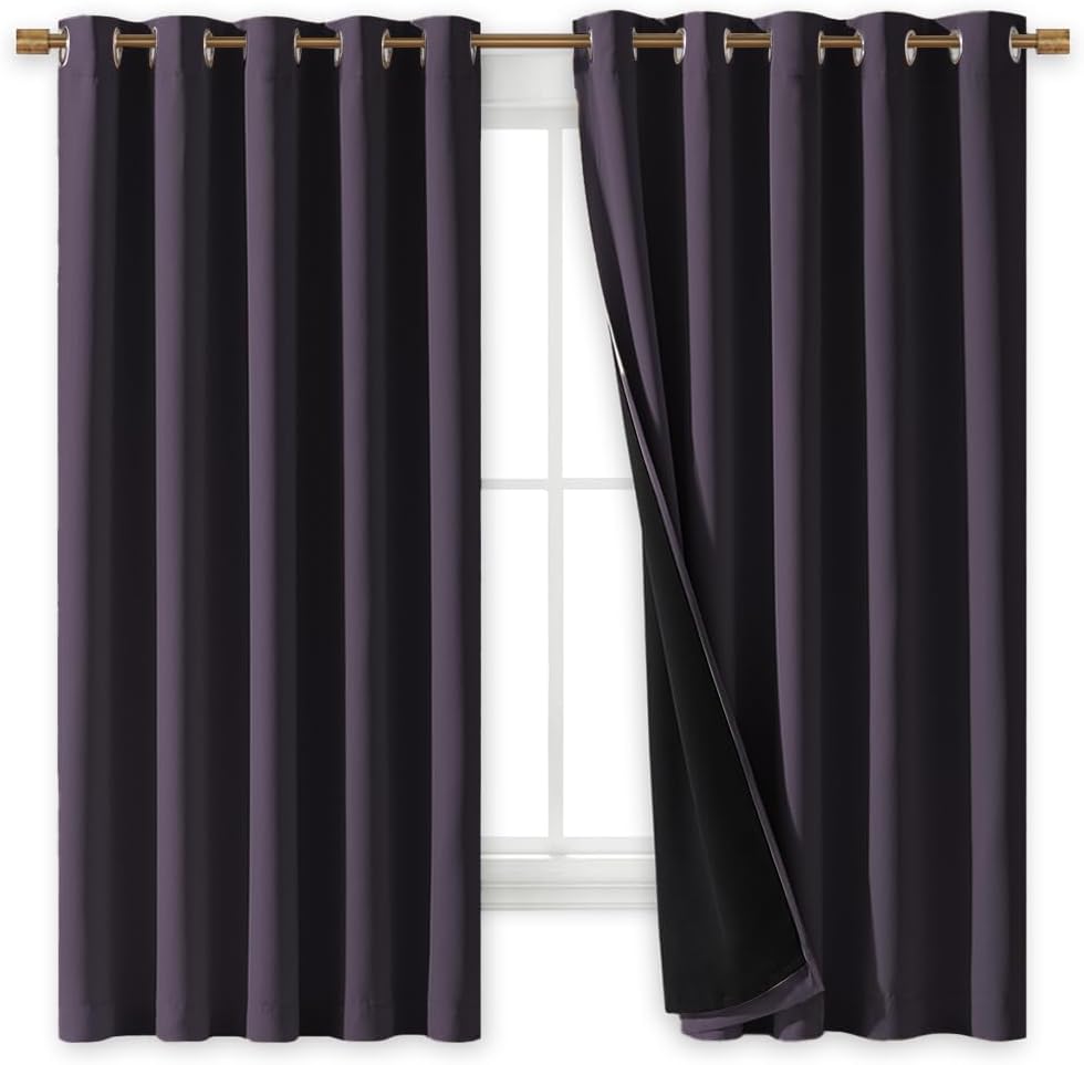 NICETOWN 100% Blackout Lined Curtains, Greyish Purple, 1 Pair, 62" Width x 63" Length Each Panel, 2 Thick Layers Completely Blackout Window Treatment Thermal Insulated Drapes for Kitchen/Bedroom