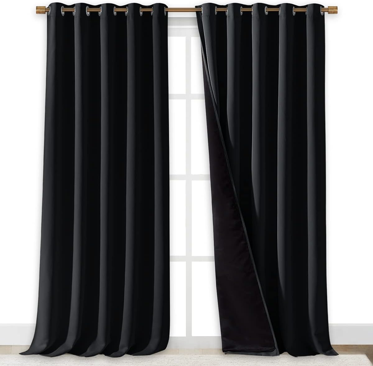 NICETOWN Cold Blocking 100% Blackout Curtains, Durable Black Lined Blackout Curtains for Bedroom, Energy Saving Long Curtains for Patio Sliding Glass Door, Black, 70 inches x 95 inches, 2 Panels