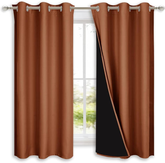 NICETOWN Burnt Orange 100% Blackout Lined Curtains, 2 Thick Layers Completely Blackout Window Treatment Panels Thermal Insulated Drapes for Kitchen (1 Pair, 42" Width x 63" Length Each Panel)