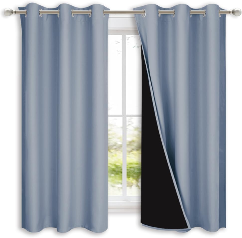 NICETOWN 100% Blackout Lined Curtains, Vintage Blue, 1 Pair, 42" Width x 63" Length Each Panel, 2 Thick Layers Completely Blackout Window Treatment Panels Thermal Insulated Drapes for Kitchen