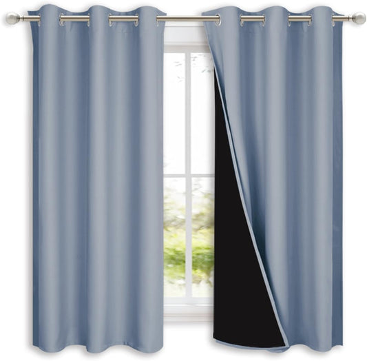 NICETOWN 100% Blackout Short Curtains with Black Liners, 2 Panels, 37" W by 40" L, Vintage Blue, Solid Thermal Insulated Full Blackout 2-Layer Lined Drapes, Energy Efficiency Window Drapes for Bedroom