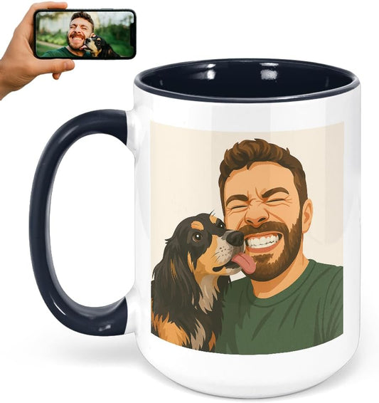 Personalized Coffee Mug, Custom Drawing Portrait Gift, Funny Customized Coffee Gift for Men & Women, Custom Mugs with Pictures, Black 15oz Father's Day Mug