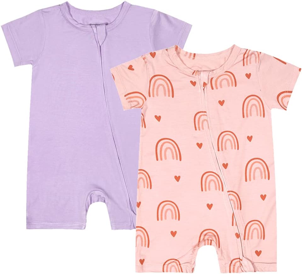 Teach Leanbh Baby Boys Girls 2 Pack Bamboo Viscose Pajamas 2 Way Zipper Short Sleeve Romper Jumpsuit Sleep and Play