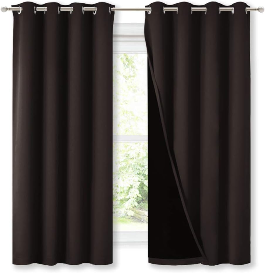 NICETOWN Complete 100% Blackout Curtains, Thermal Insulated & Energy Efficiency Window Draperies with Black Liner, Noise Reducing Short Curtains for Kids Room (Brown, 52-inch W by 63-inch L, 2 Panels)