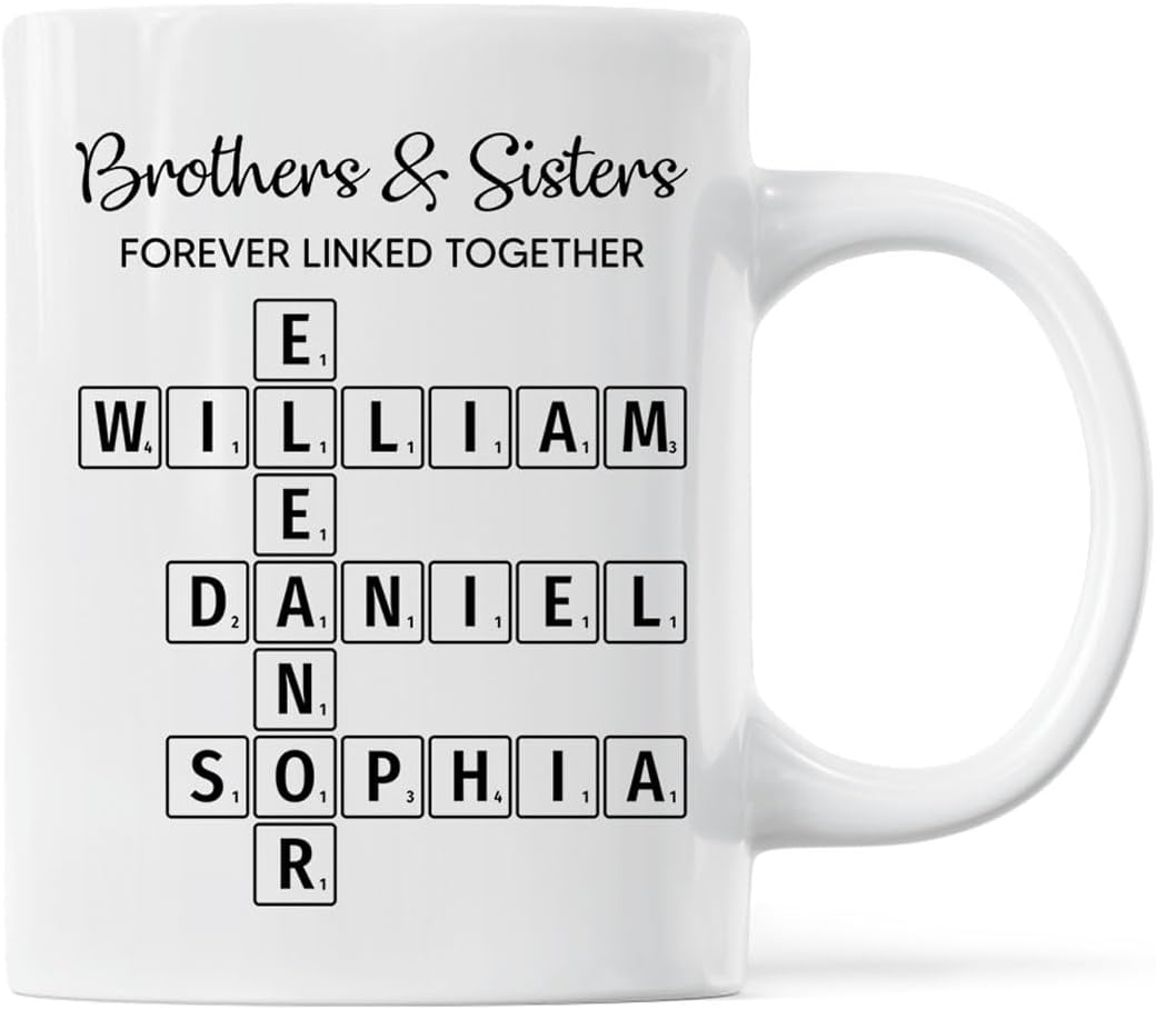 Trending Custom Brothers & Sisters Forever Linked Together Personalized White Mug Brothers Sisters Crossword Puzzle Art Mug, Gift For Brothers, Sisters, Siblings, Family Member on Birthday Christmas