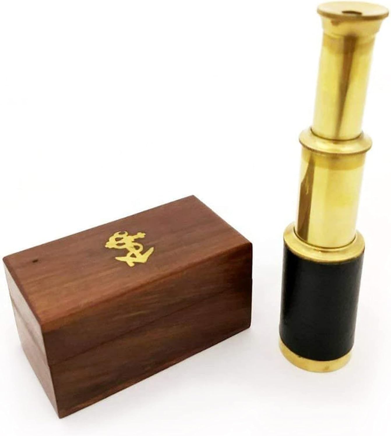 Smizzy 6" Handheld Brass Telescope with Wooden Box| Monocular Spyglass for Kids/Childs - Maritime Pirate Navigation