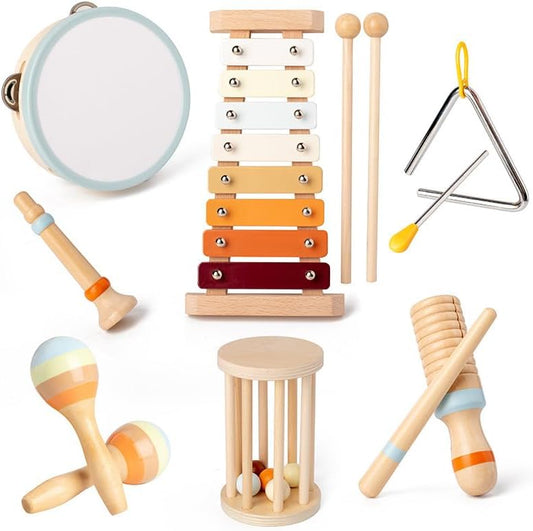 Baby Musical Instruments, 7 Pcs Set Montessori Musical Toys, Musical Instruments for Toddlers 3+, Neutral Colors Wooden Percussion Instruments Set, Suitable for Education for 3+ Children
