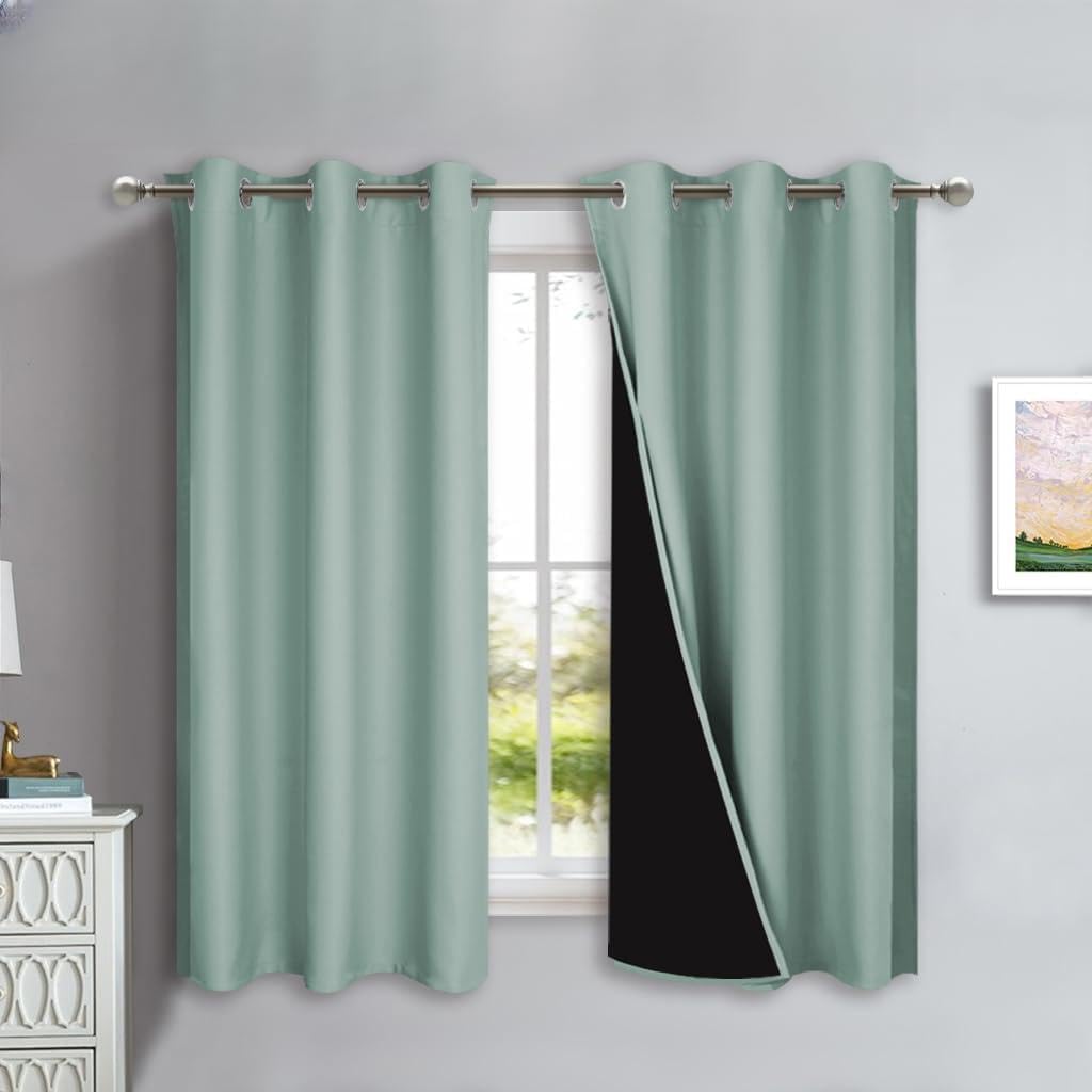 NICETOWN 100% Blackout Lined Curtains, Seafoam Green, 1 Pair, 42" Width x 63" Length Each Panel, 2 Thick Layers Completely Blackout Window Treatment Panels Thermal Insulated Drapes for Kitchen