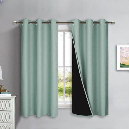NICETOWN 100% Blackout Lined Curtains, Seafoam Green, 1 Pair, 42" Width x 63" Length Each Panel, 2 Thick Layers Completely Blackout Window Treatment Panels Thermal Insulated Drapes for Kitchen