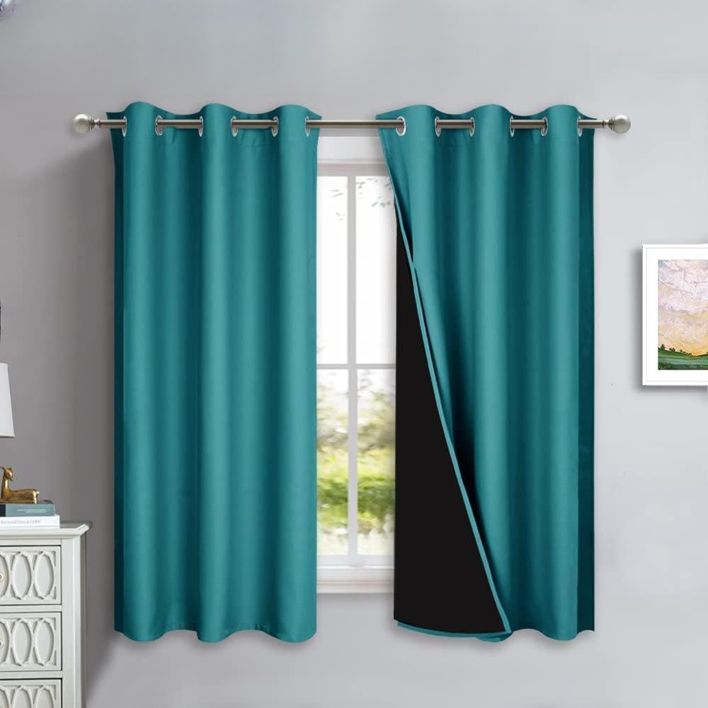 NICETOWN 100% Blackout Short Curtains with Black Liners, 2 Panels, 37" W by 60" L, Peacock Teal, Solid Thermal Insulated Full Blackout 2-Layer Lined Drapes, Energy Efficiency Window Drapes for Bedroom