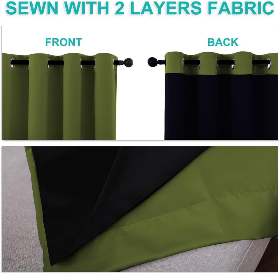 NICETOWN 100% Blackout Window Curtain Panels, Olive Green, 2 Pieces, 52-inch Wide Per Panel, Full Light Blocking Drapes with Black Liner for Nursery, 72-inch Drop Thermal Insulated Draperies
