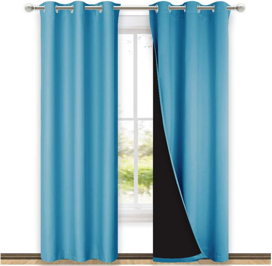 NICETOWN Teal Blue Full Shade Curtain Panels, Pair of Thermal Insulated & Energy Efficiency Blackout Drapes for Living Room Windows, Lined Silky Performance Window Dressing (37" Wide x 84" Long, Gray)